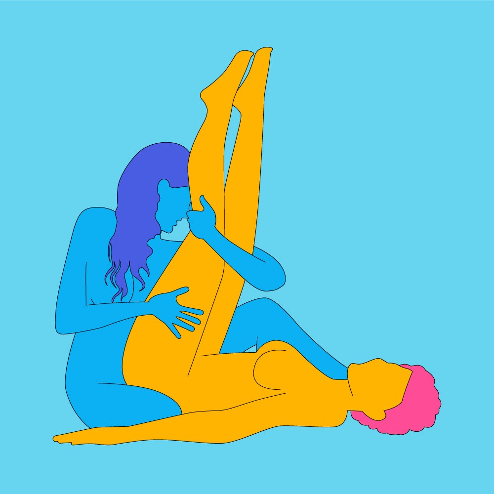 A naked illustrated couple in a seated position. One is led on their back with their legs up and the other is knelt in-between and holding their legs.